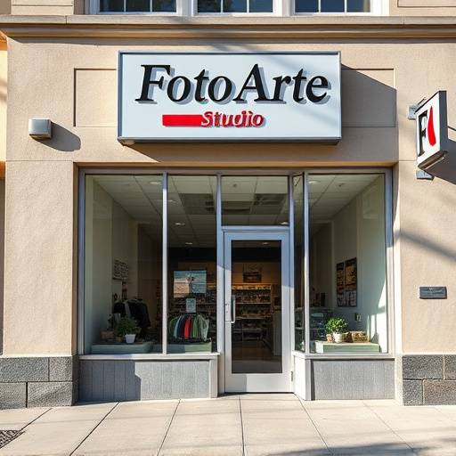 Foto da fachada do FotoArte Studio, com a placa e a entrada principal