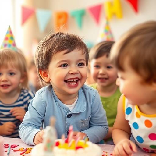 Fotografia de um aniversário infantil com crianäas brincando e rindo