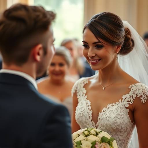 Fotografia de um casal se casando, com foco nos noivos e convidados