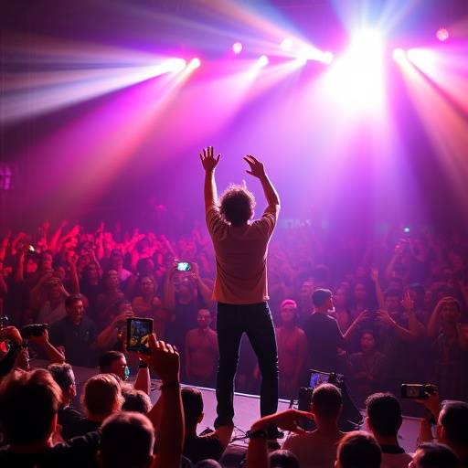 Fotografia de um show com o artista no palco e a plateia vibrando
