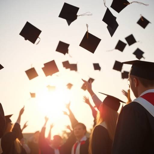 Fotografia de uma formatura com estudantes jogando seus chapéus para o alto