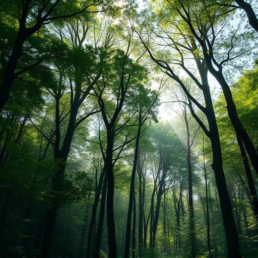 Paisagem de uma floresta densa com árvores altas e luz filtrada