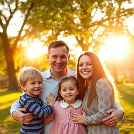 Retrato de uma família reunida em um parque ensolarado