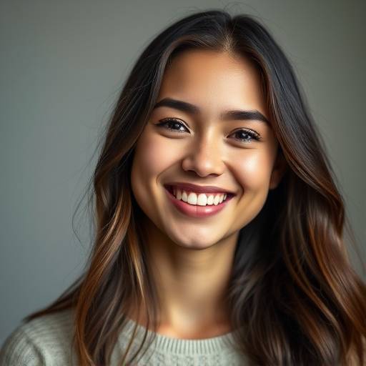 Retrato de uma jovem mulher sorrindo em um estüdio com iluminaäão suave
